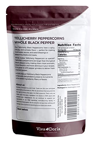 Tellicherry Peppercorn, Whole Black Pepper, Steam Sterilized Black Peppercorns - 12 Oz