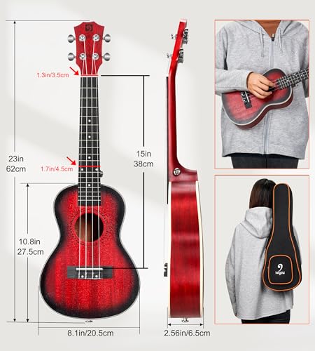 Vangoa 23 Inch Mahogany Ukulele Starter Kit with Gig Bag, Red