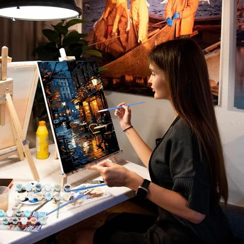 Rainy Night Paint by Numbers Kit for Adults with Wooden Frame - DIY Oil Painting for Hobbies and Home Wall Decor