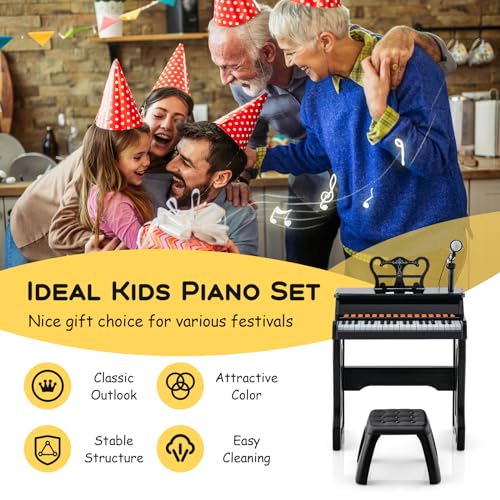 37-Key Black Kids Piano with Music Stand, Bench, and Microphone - Portable Educational Toy for Girls and Boys