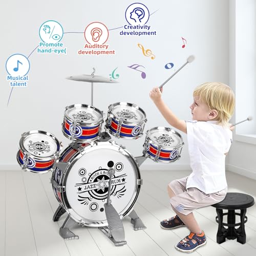 SANMERSEN Toddler Drum Kit Kids Toy Jazz Drum Set - Blue, Musical Instruments Toy for Beginners Boys Girls