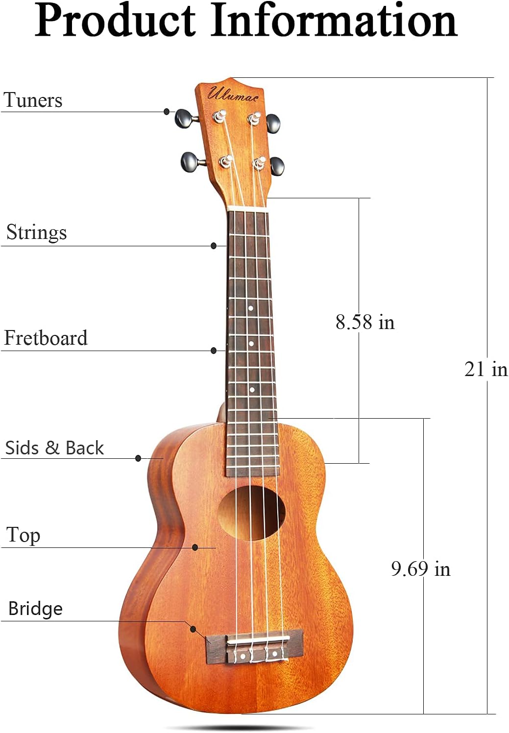 Solid Mahogany 21 inch Soprano Ukulele Beginner Kit for Kids