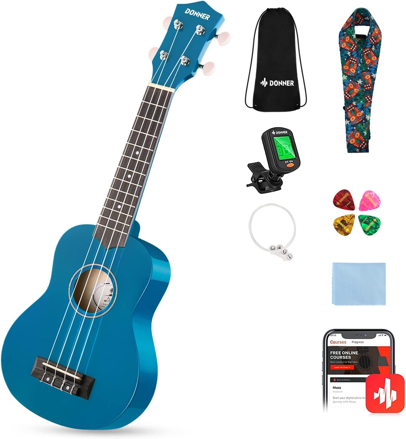 Beginner Soprano Ukulele Starter Bundle Kit with Free Online Lessons, Blue