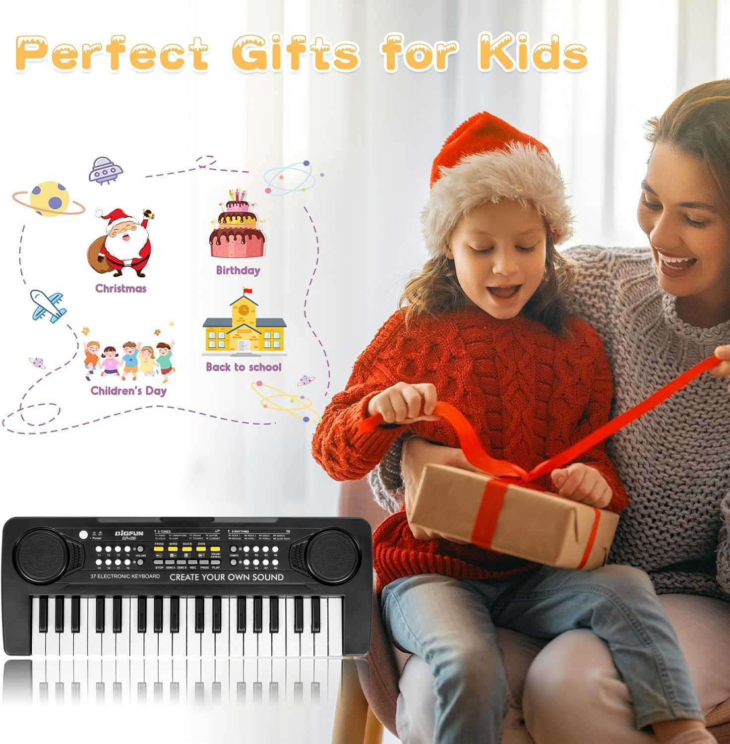 M SANMERSEN Kids Piano Keyboard, 37 Keys Portable Electronic Keyboard with Demos and Drums, Birthday Gift for Boys and Girls