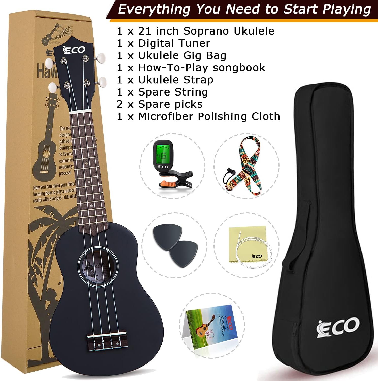 Beginner Ukulele Kit for Kids and Adults: 21 Inch Ukelele with Case and Accessories (Black)