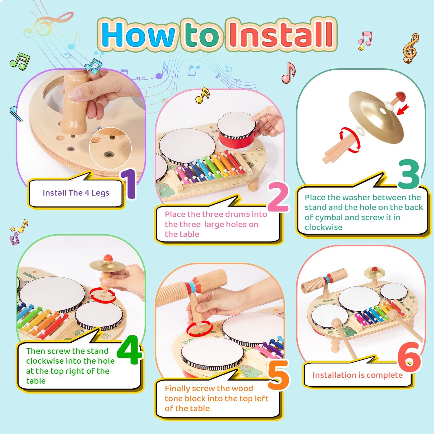 Wooden Kids Drum Set - Montessori Musical Instruments for Toddlers