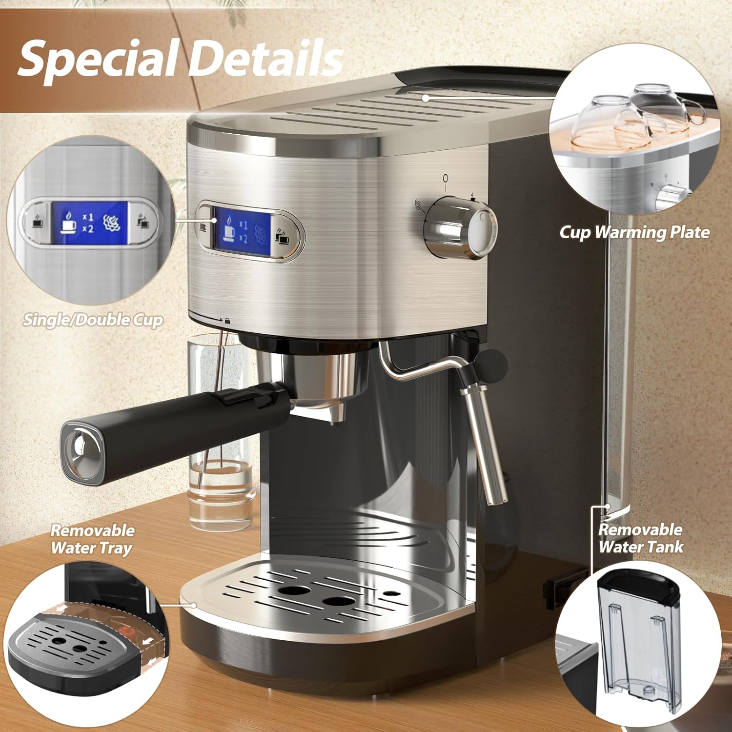 AGLUCKY Espresso Machine for Home, 20 Bar Espresso Coffee Machines with Milk Frother Steam Wand, Latte & Cappuccino Machine with LED Panel, Espresso Maker with 42 Oz Removable Water Tank, Gifts