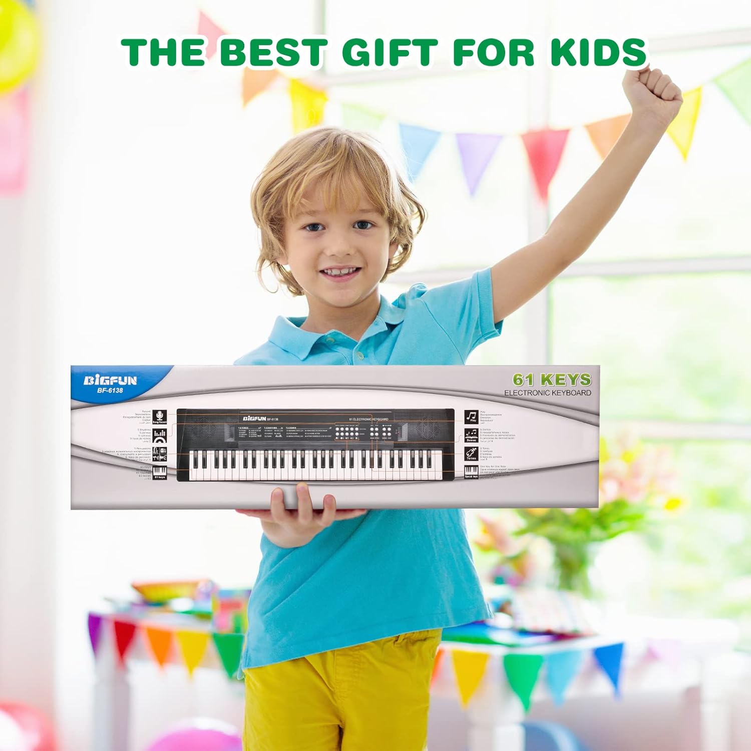 Kids Music Piano Keyboard with Microphone and 61 Keys, Portable Electronic Teaching Toy Gift for Beginners Boys Girls Ages 3-12