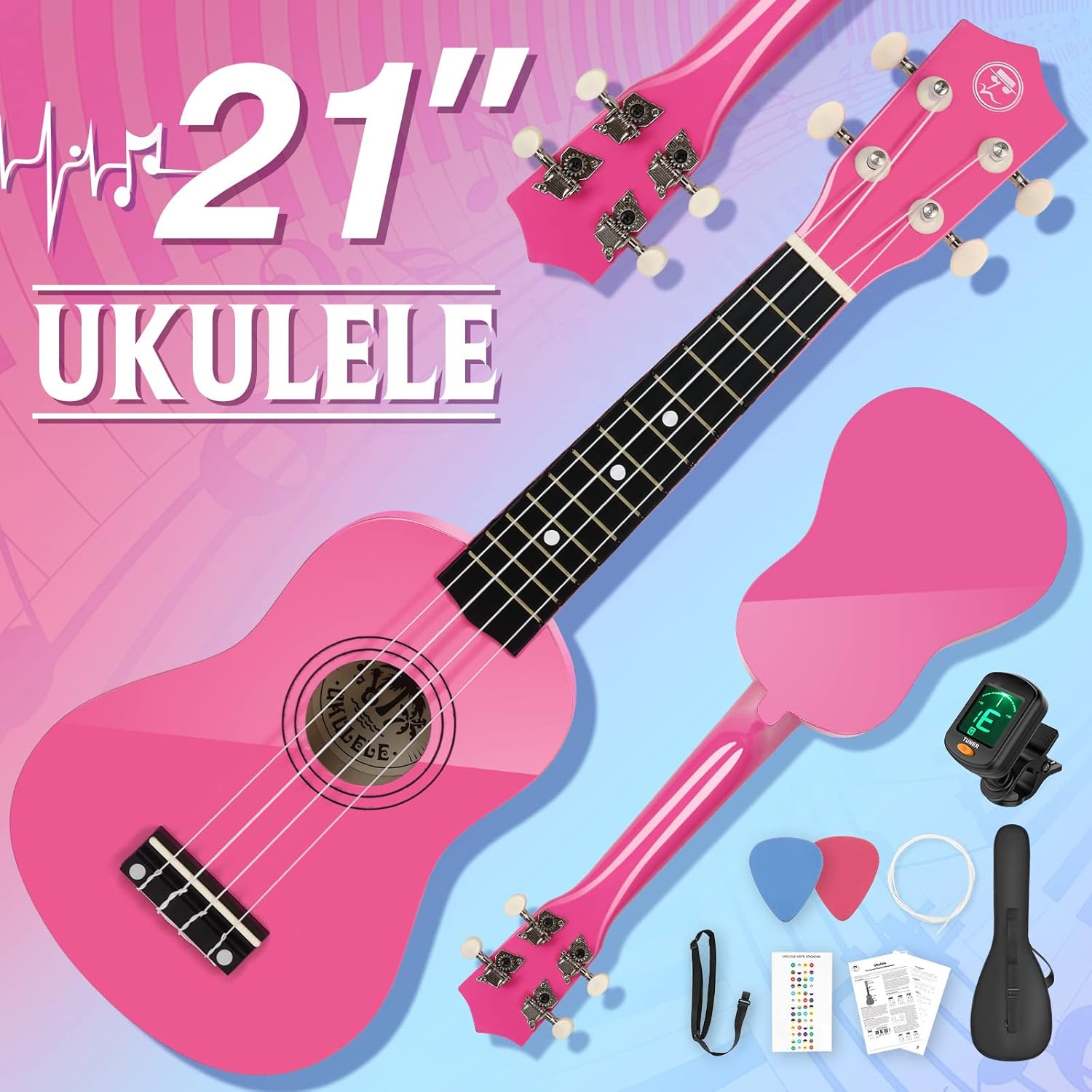 MUSTAR Soprano Ukulele for Kids - 21 Inch Small Guitar Ukulele Kit (Pink, MU-401)