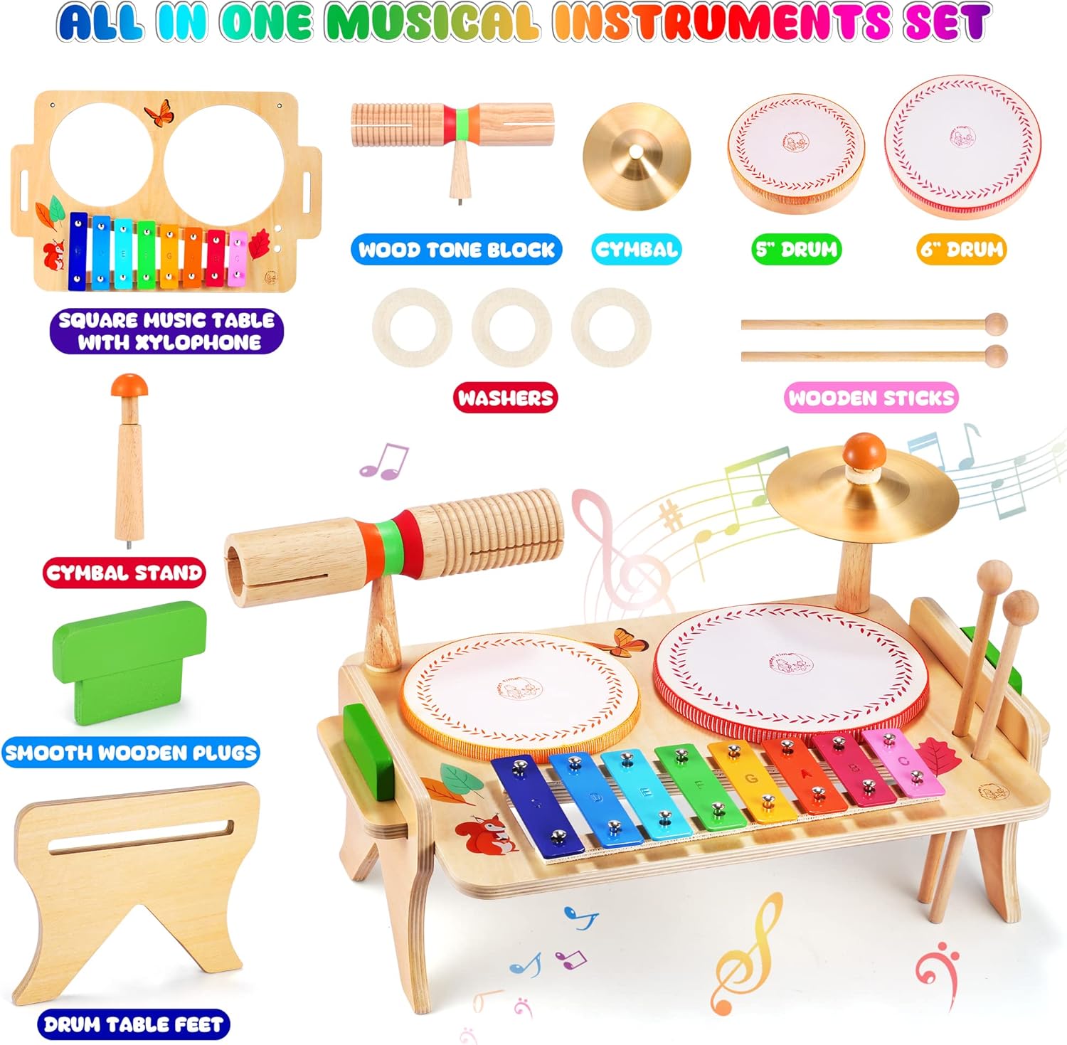 7 in 1 Kids Drum Set for Toddlers - Montessori Musical Toys for Boys and Girls