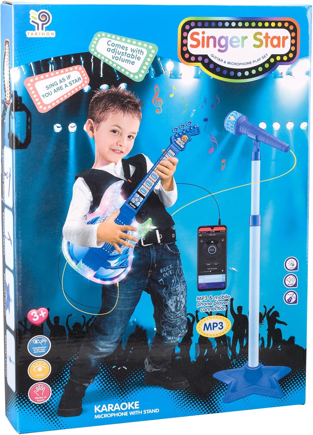 Upgraded Guitar and Microphone Set for Kids, Music&Colorful Light, Adjustable Height, Karaoke Toys Gift for Boy, Girls, Toddlers (Blue)