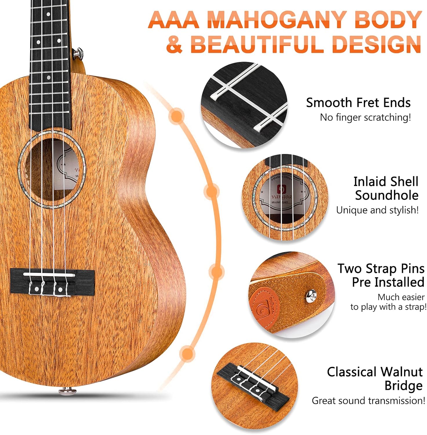 Vangoa 23 Inch Mahogany Concert Ukulele Beginner Kit for Adults and Kids